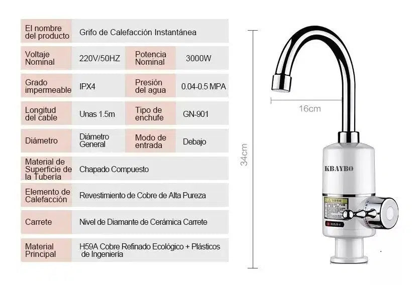 Calentador de Agua Instantáneo Grifo Cocina 220V-250V 3000W 3 Segundos Sin Tanque