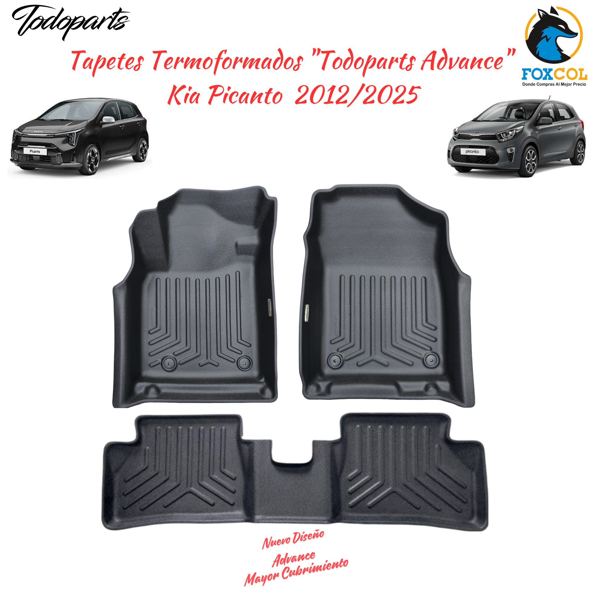 Tapetes + Baul Termoformados Todoparts Kia Picanto 2012 A 2026