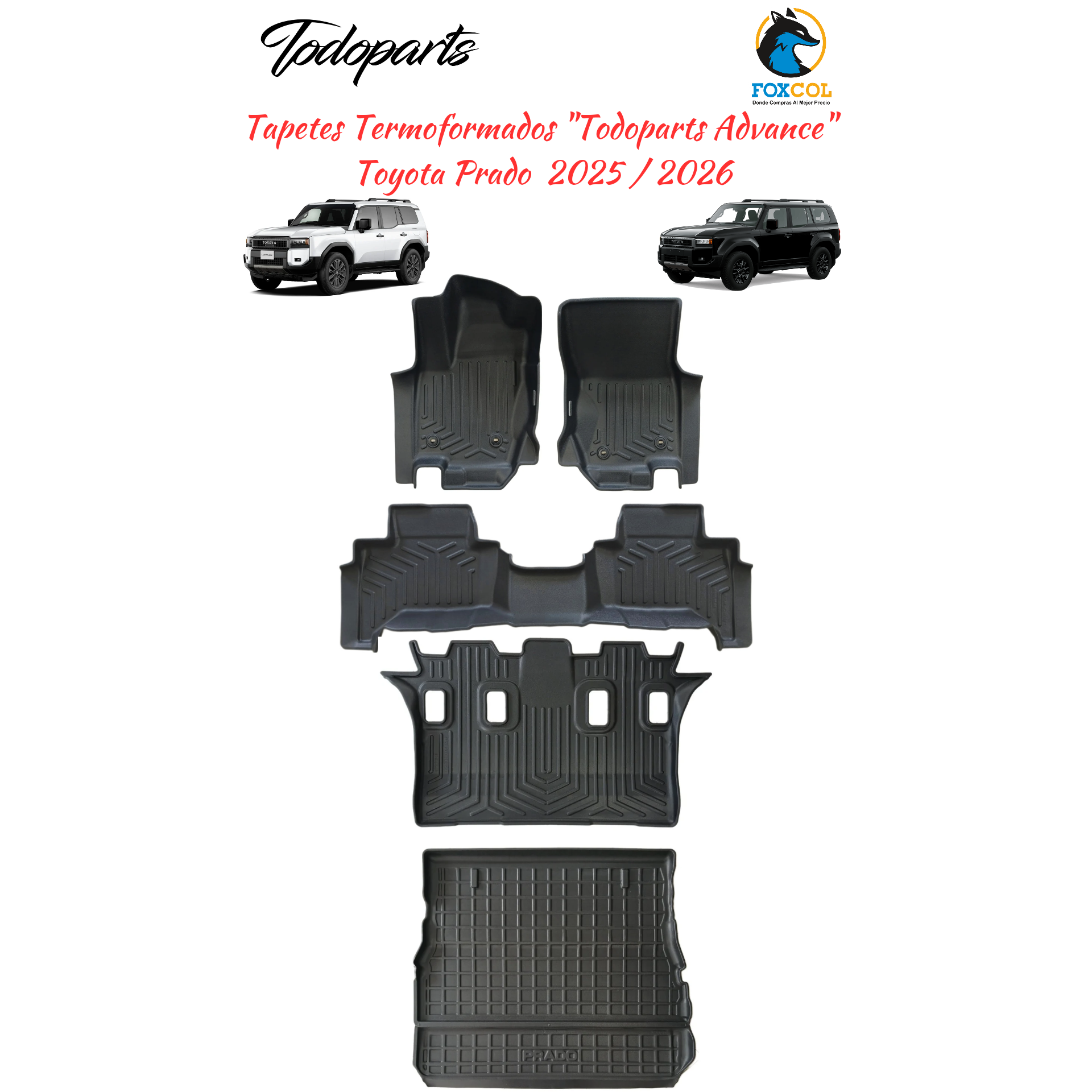 Todoparts Thermoformed Floor Mats 3 Rows + Trunk Toyota Prado 2025 to 2026